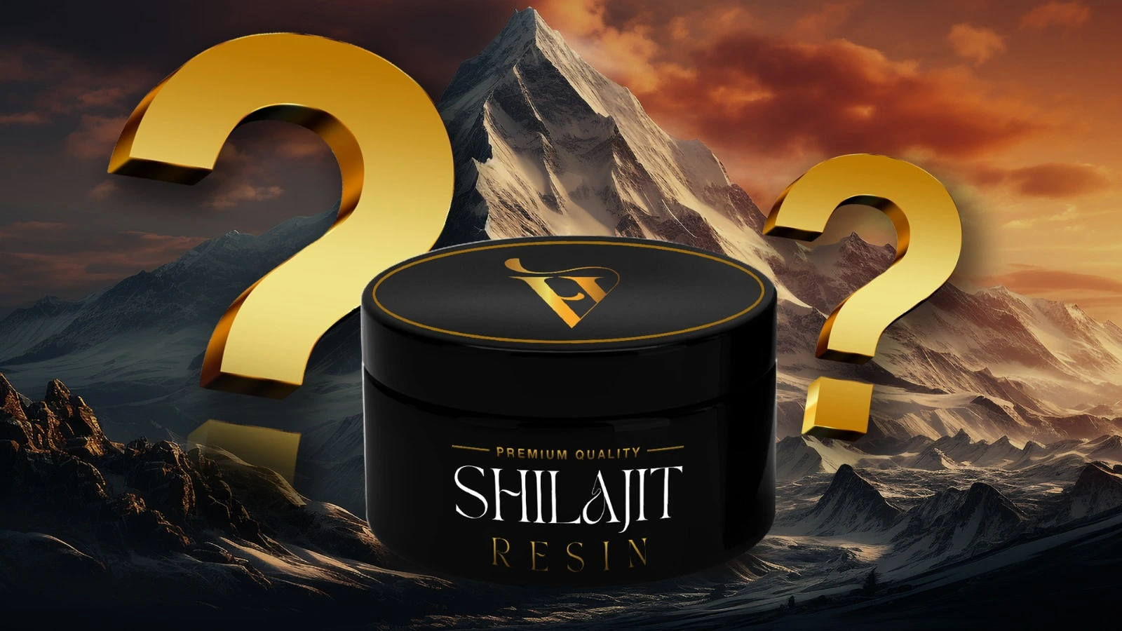 Premium quality Shilajit resin jar with question marks and a Himalayan mountain backdrop, symbolizing curiosity about its benefits.